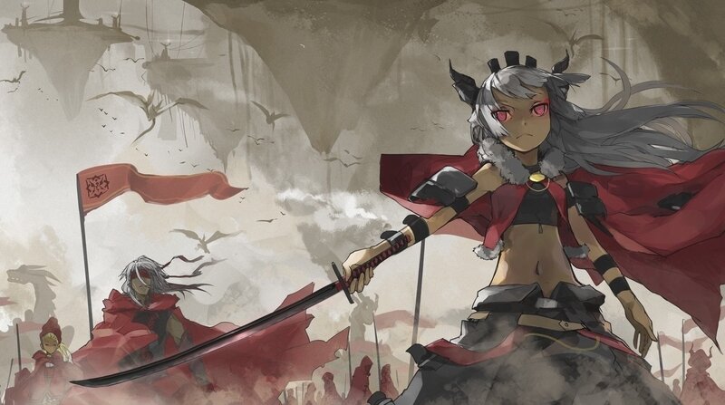 Silver-haired Warrior Woman — Red, Dramatic, Anime