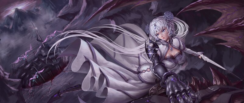 Silver-haired Warrior Woman — White, Dramatic, Digital Art, Sword
