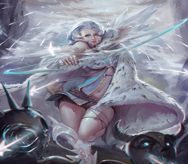 Silver-haired Warrior Woman — White, Dramatic, Digital Art