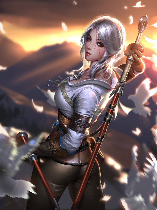 Silver-haired Warrior Woman — White, Dramatic, Sunset, Digital Art