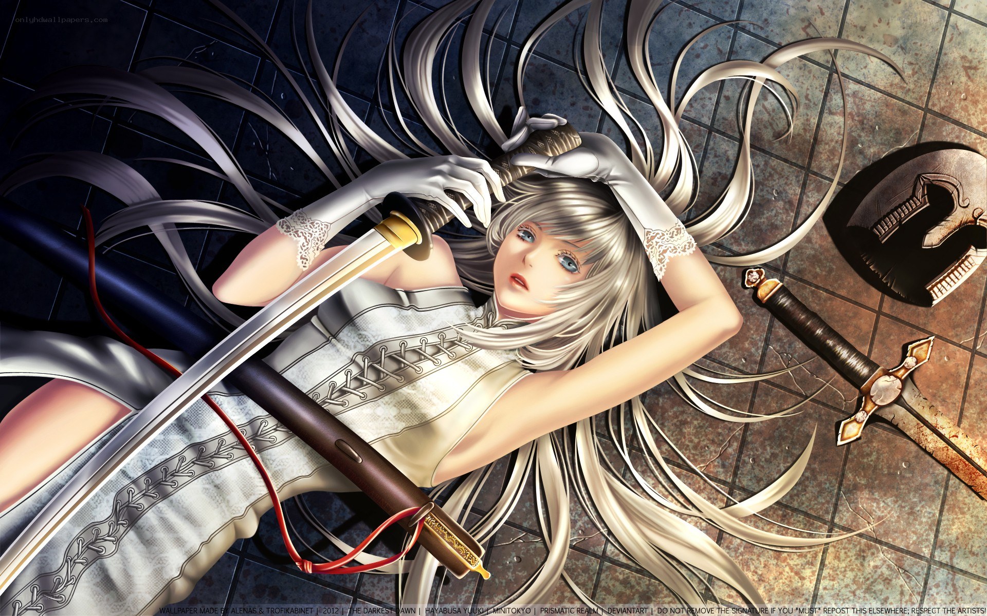 silver-haired warrior woman with sword