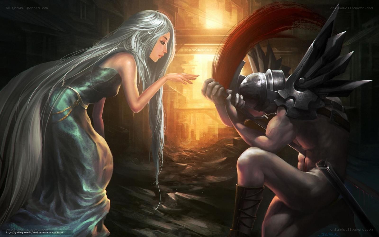 silver-haired woman and armored warrior