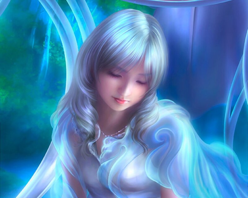 silver-haired woman in blue light