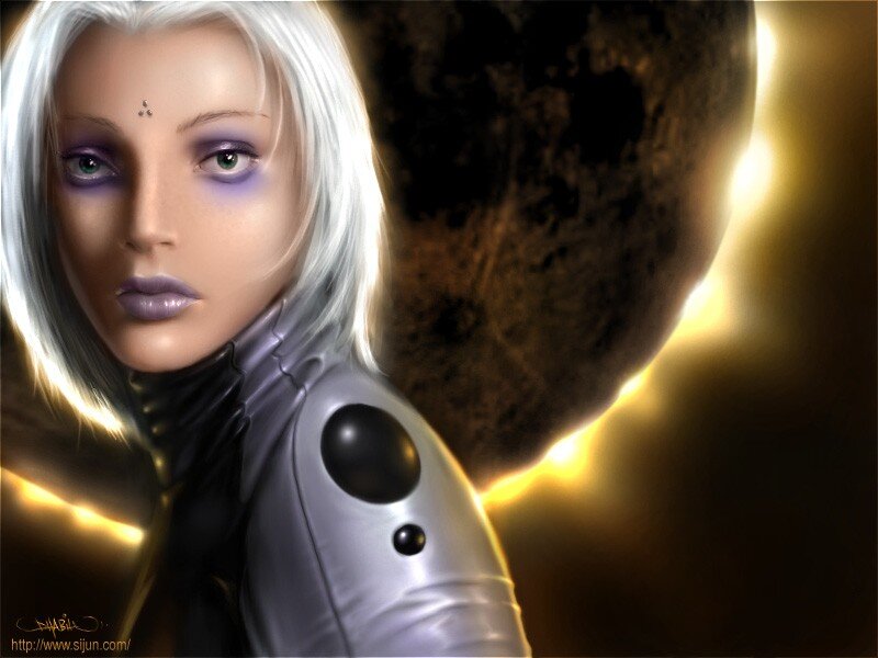 silver-haired woman in futuristic armor