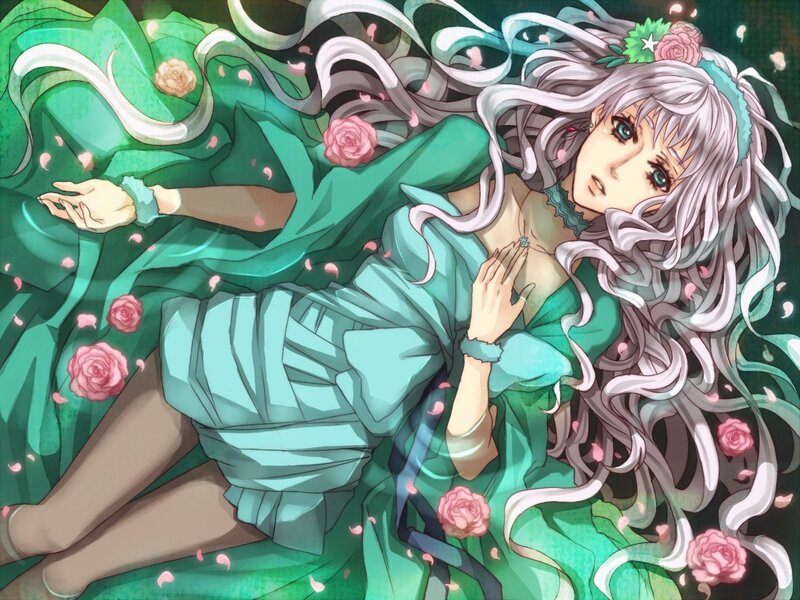 silver-haired woman in green dress