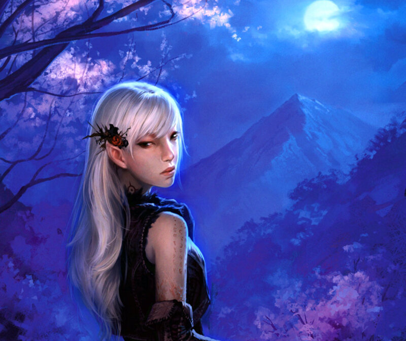 silver-haired woman in moonlight