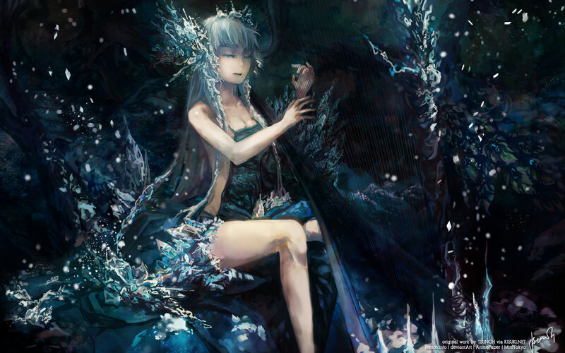 Silver-haired Woman Playing Harp — Blue, Dramatic, Night