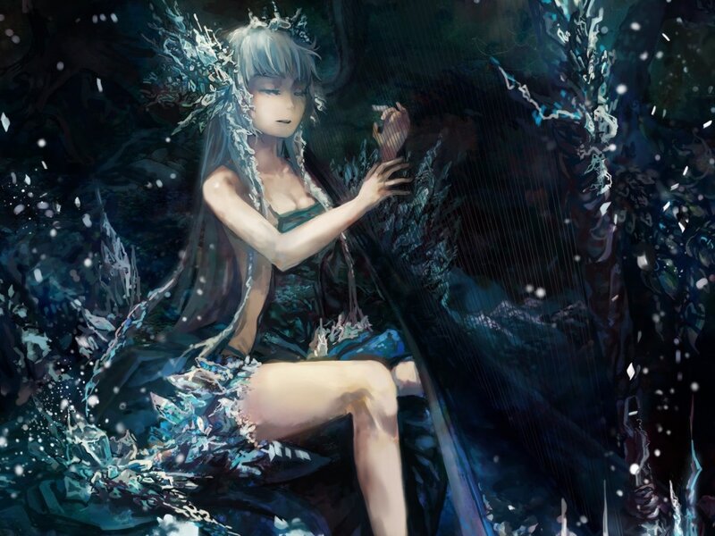 Silver-haired Woman Playing Harp — Blue, Dramatic