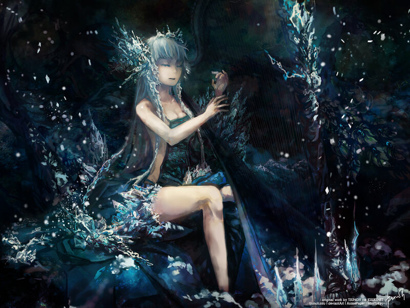 Silver-haired Woman Playing Harp — Blue, Mystical, Night