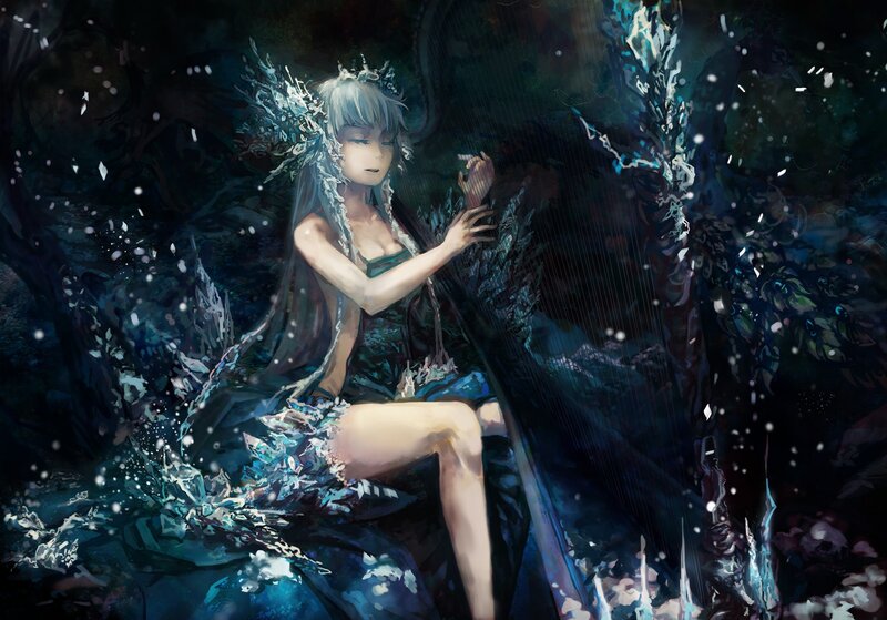 Silver-haired Woman Playing Harp — Blue, Mystical
