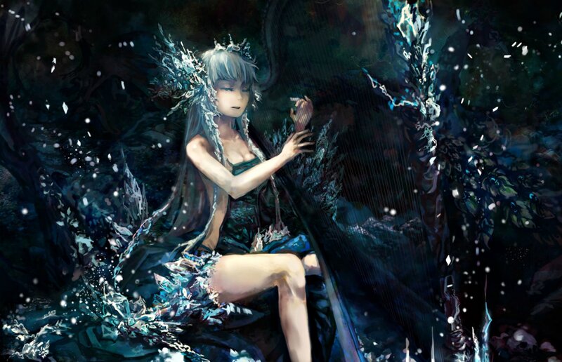 Silver-haired Woman Playing Harp — Blue