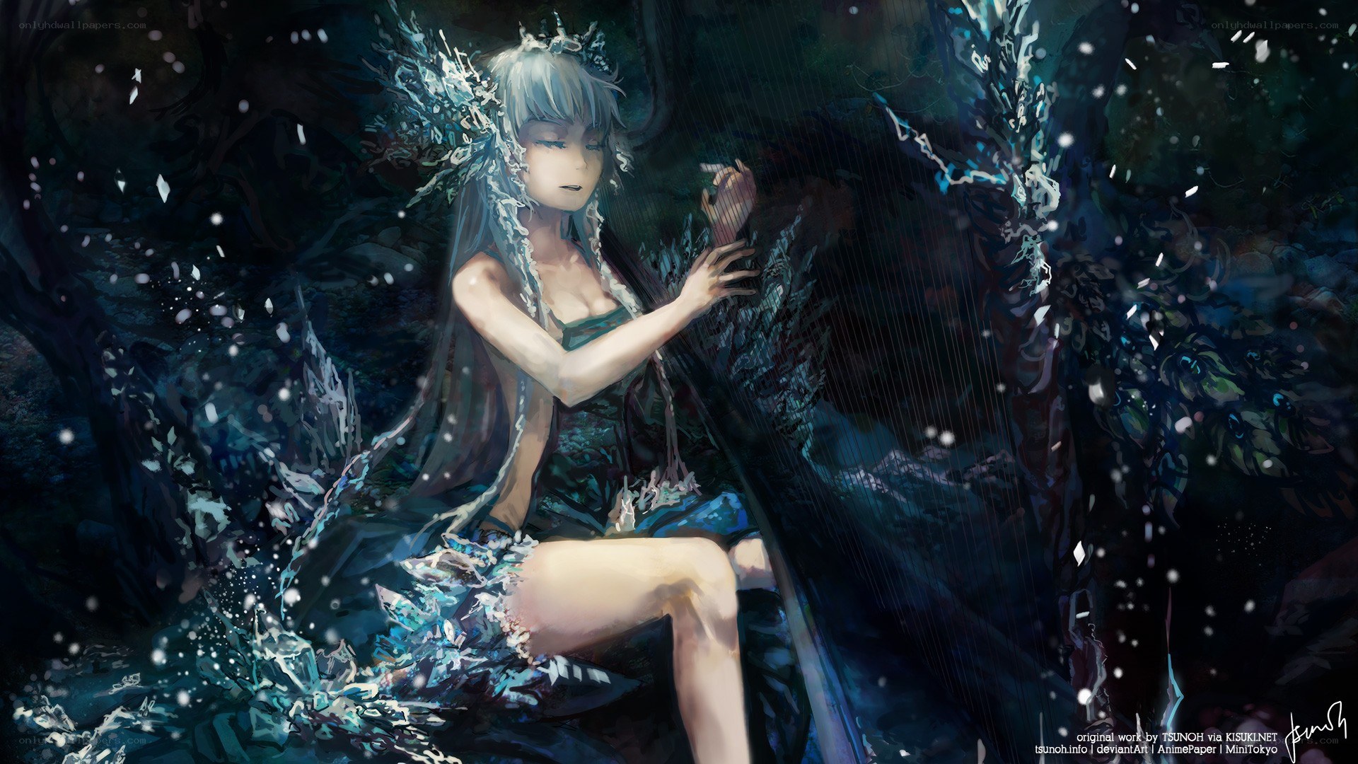 silver-haired woman playing harp