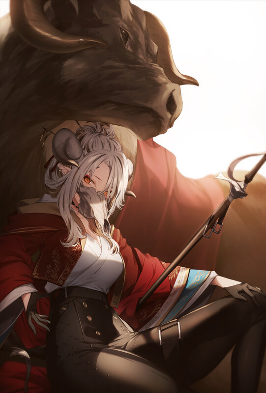 Silver-haired Woman with Bull