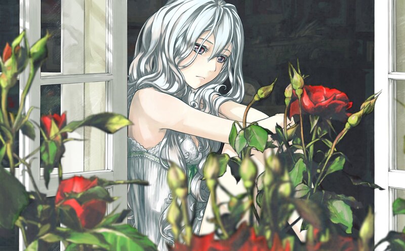 Silver-haired Woman with Roses — White, Serene