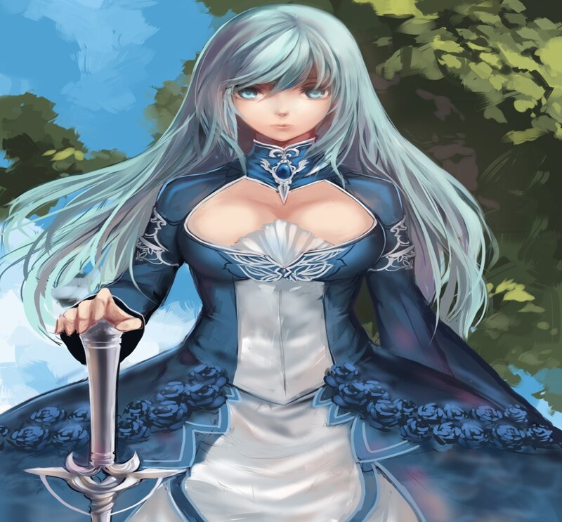 Silver-haired Woman with Sword — Blue, Serene, Afternoon