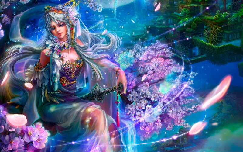 Silver-haired Woman with Sword — Blue, Serene, Night, Digital Art, Flowers
