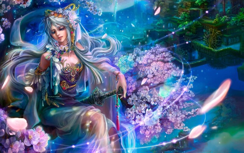 Silver-haired Woman with Sword — Blue, Serene