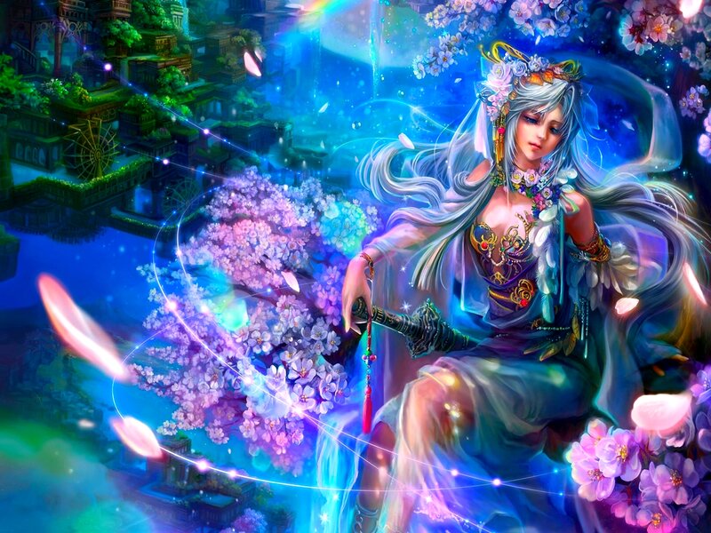 Silver-haired Woman with Sword — Blue