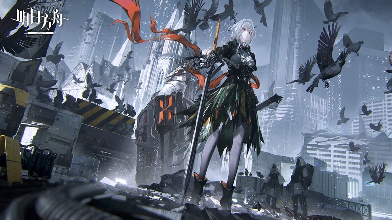 Silver-haired Woman with Sword — Gray, Dramatic, Digital Art, Crows