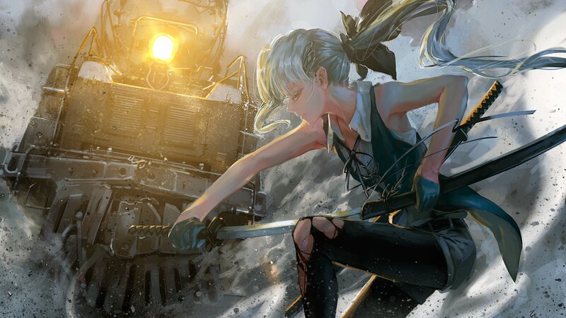 Silver-haired Woman with Sword — Gray, Dramatic, Digital Art