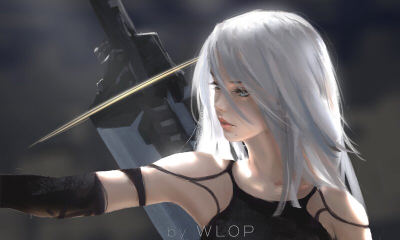 Silver-haired Woman with Sword — White, Dramatic, Digital Art