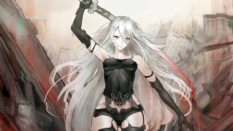 Silver-haired Woman with Sword — White, Dramatic