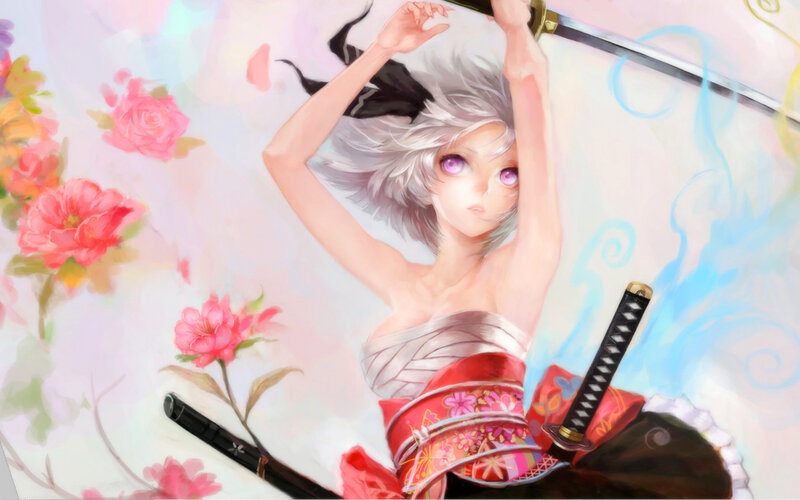 Silver-haired Woman with Swords — Pink