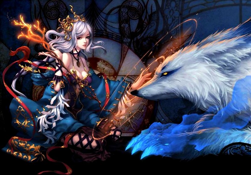 Silver-haired Woman with Wolf — Blue, Dramatic, Night