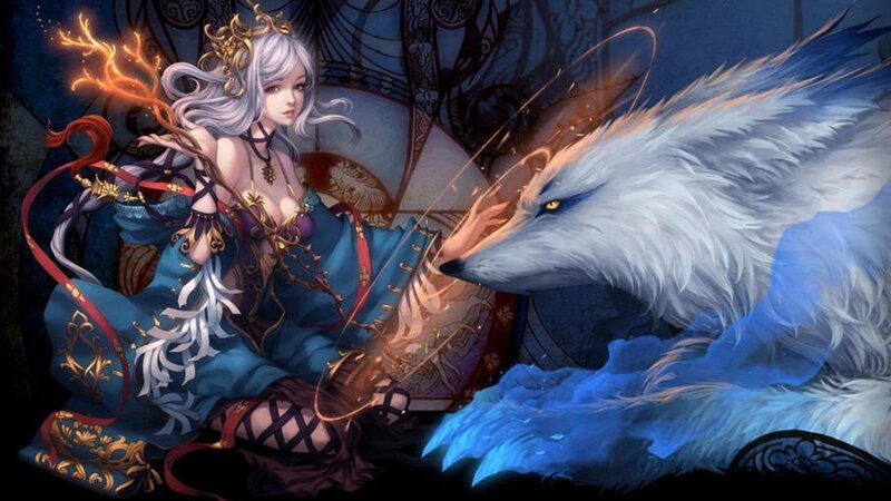 Silver-haired Woman with Wolf — Blue, Dramatic