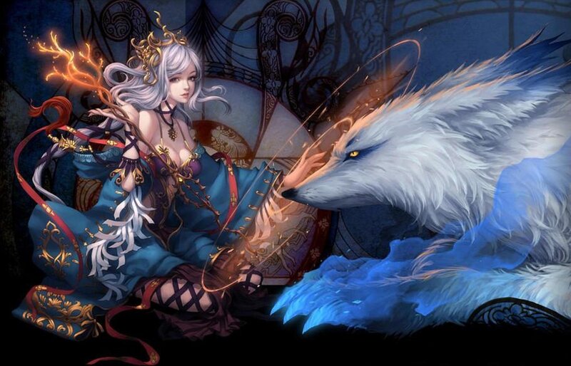 Silver-haired Woman with Wolf — Blue