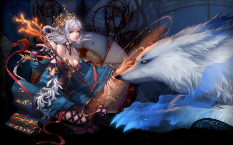 Silver-haired Woman with Wolf