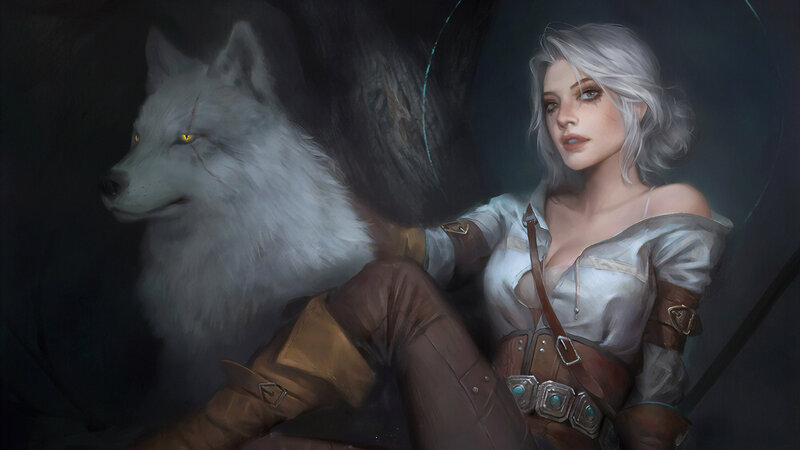 Silver-haired Woman with Wolf — White