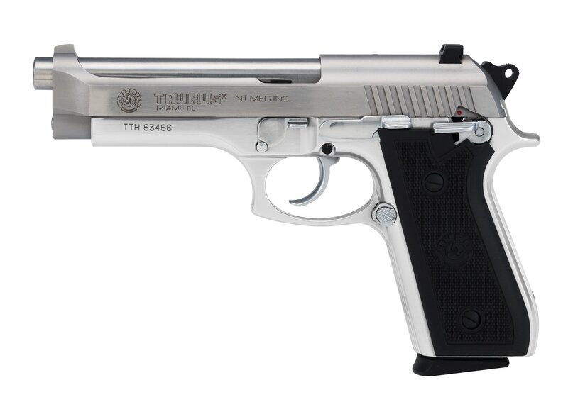 silver handgun with black grip