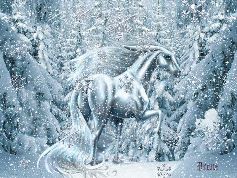 silver horse in snowy forest
