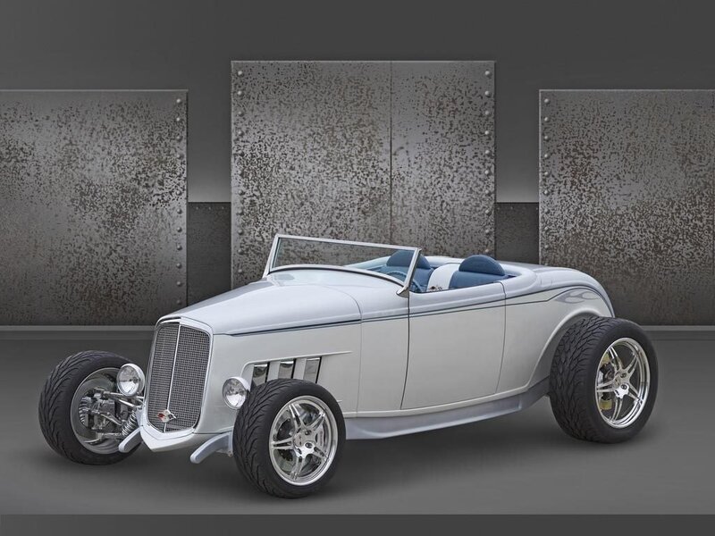 Silver Hot Rod Car — Dramatic, Photograph, Blue Seats