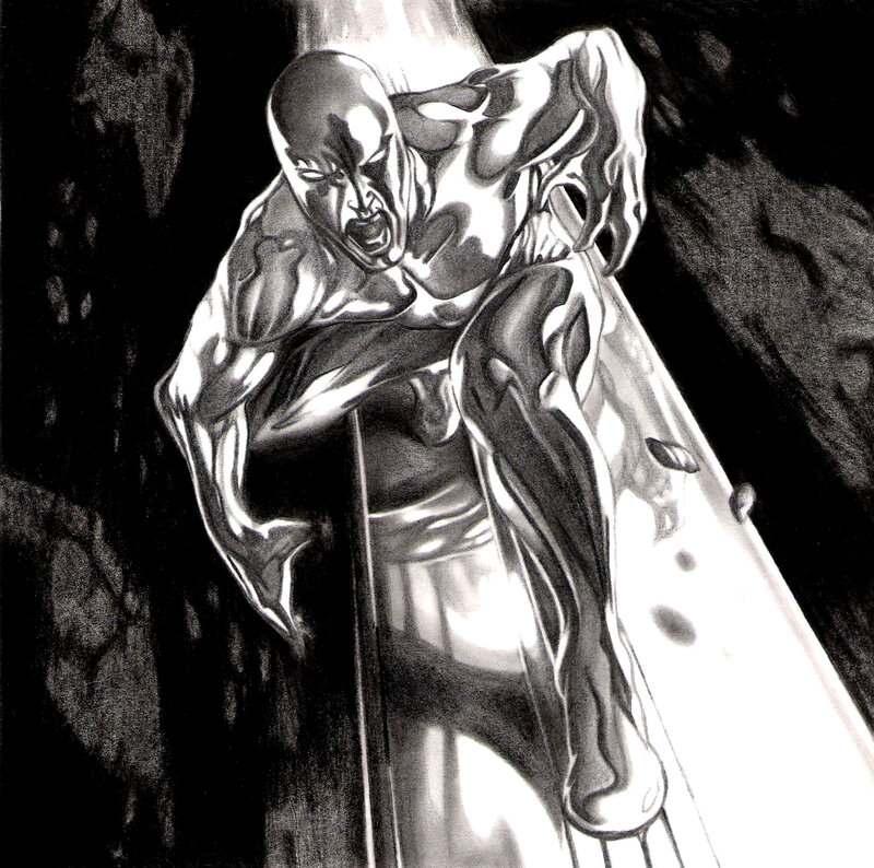 Silver Humanoid Figure — Black, Dramatic, Comic