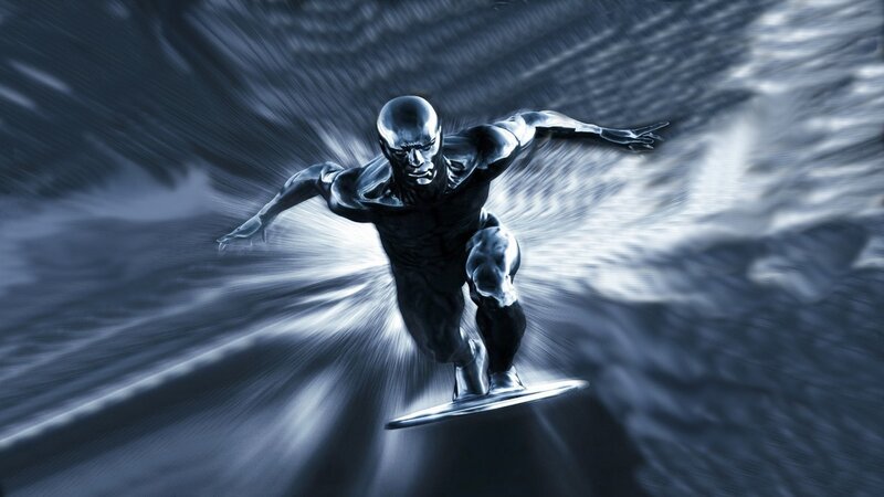 Silver Humanoid Figure — Blue, Dramatic, Digital Art, Surfboard
