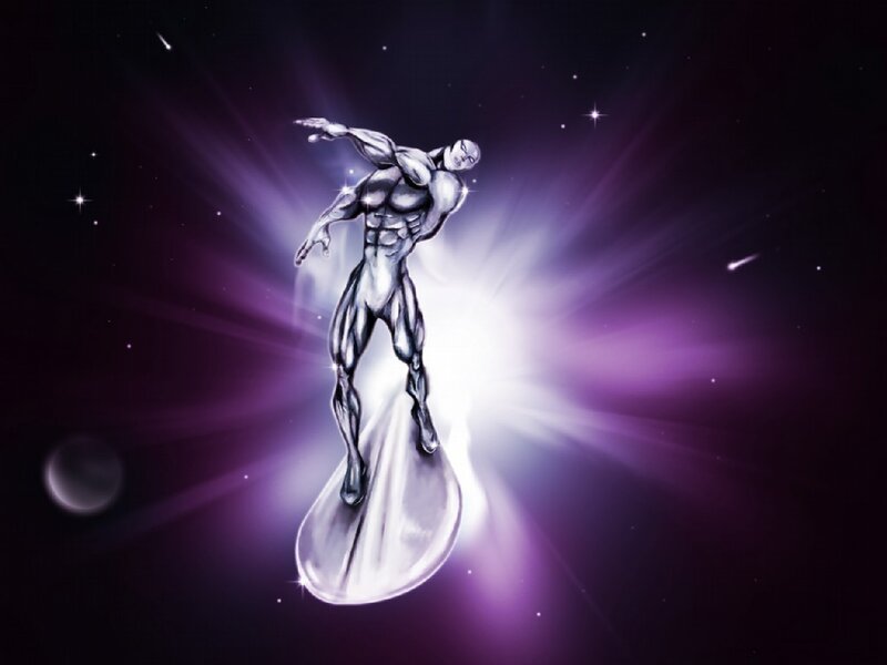 Silver Humanoid Figure — Purple, Dramatic, Night, Digital Art, Space