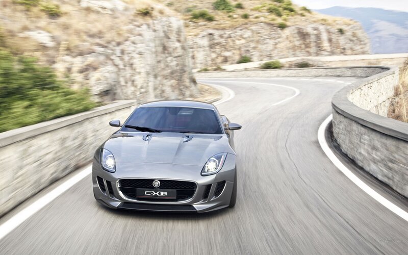 Silver Jaguar C-x16 — Gray, Dynamic, Afternoon, Photograph, Car, Road, Cliff, Green