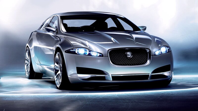 Silver Jaguar Concept Car — Dramatic, 3d Render, Headlights, Grille, Black, Blue