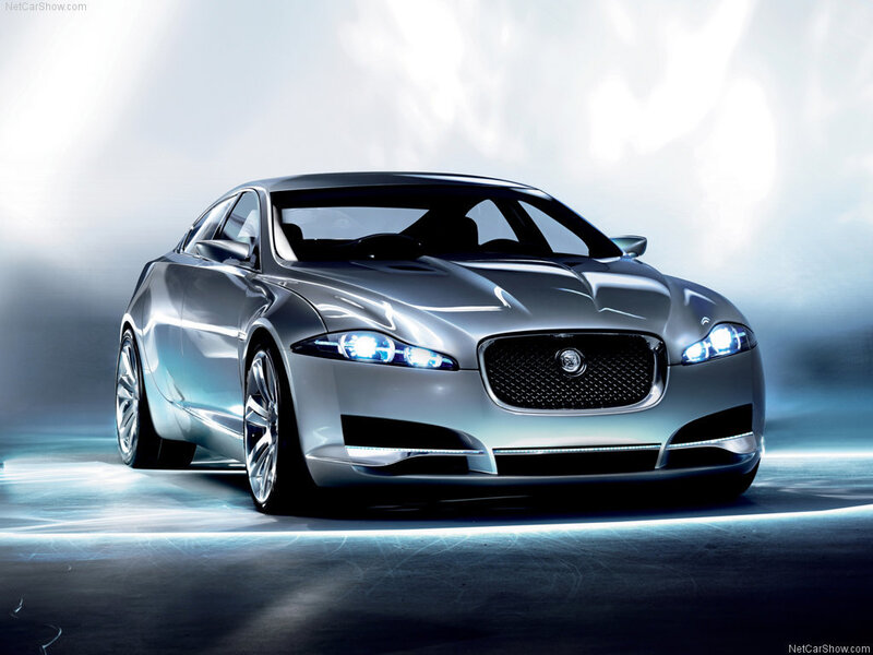 Silver Jaguar Concept Car — Dramatic, Photograph, Headlights, Grille, Black, Blue