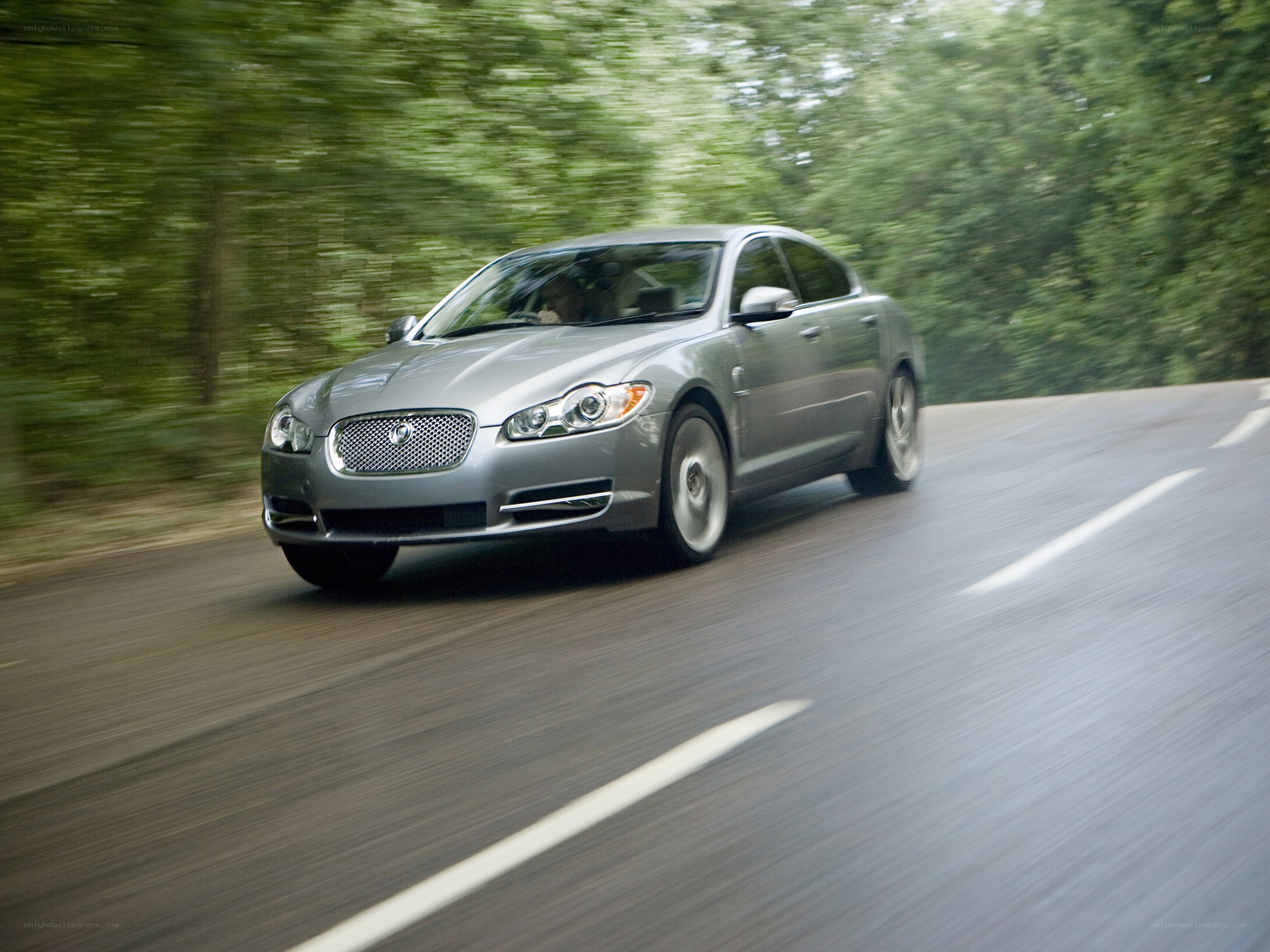 silver jaguar driving on road