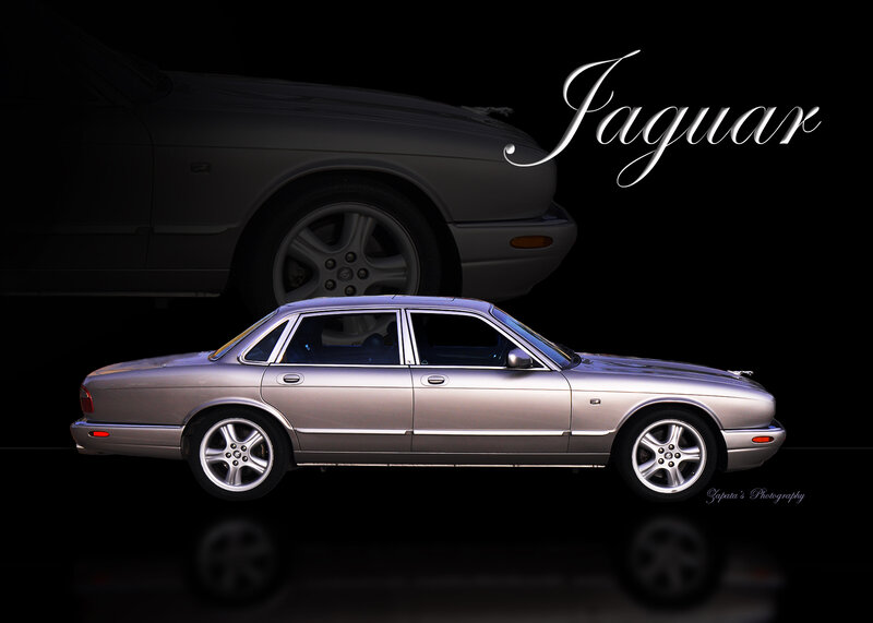 Silver Jaguar Sedan — Dramatic, Photograph, Car, Text