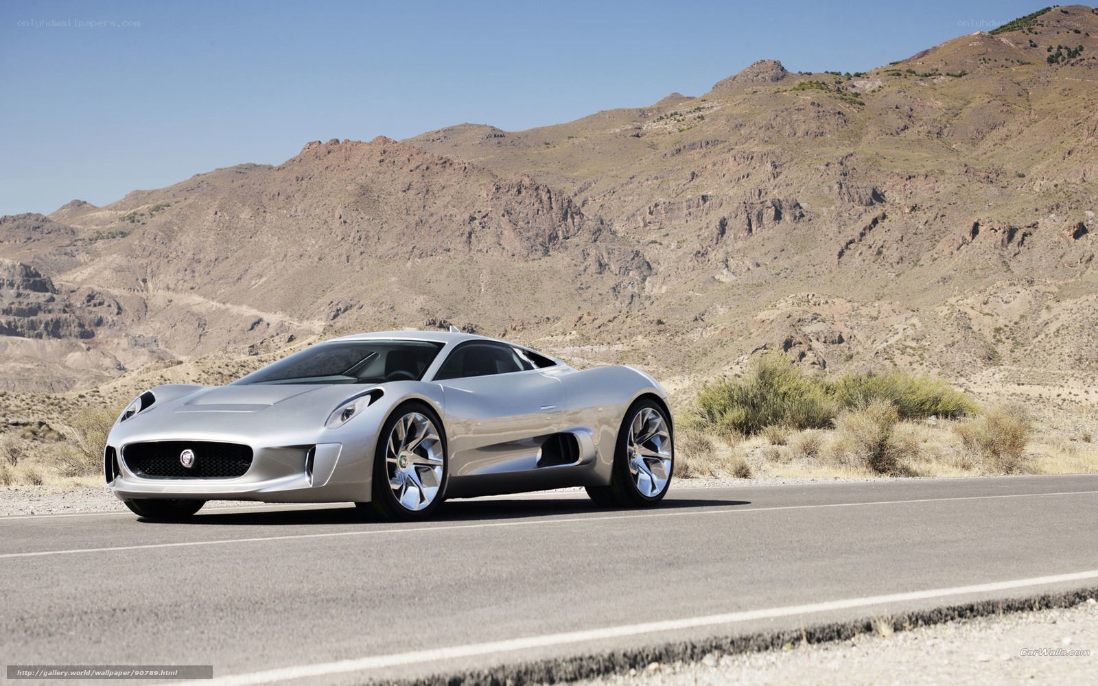 Silver Jaguar sports car on desert road