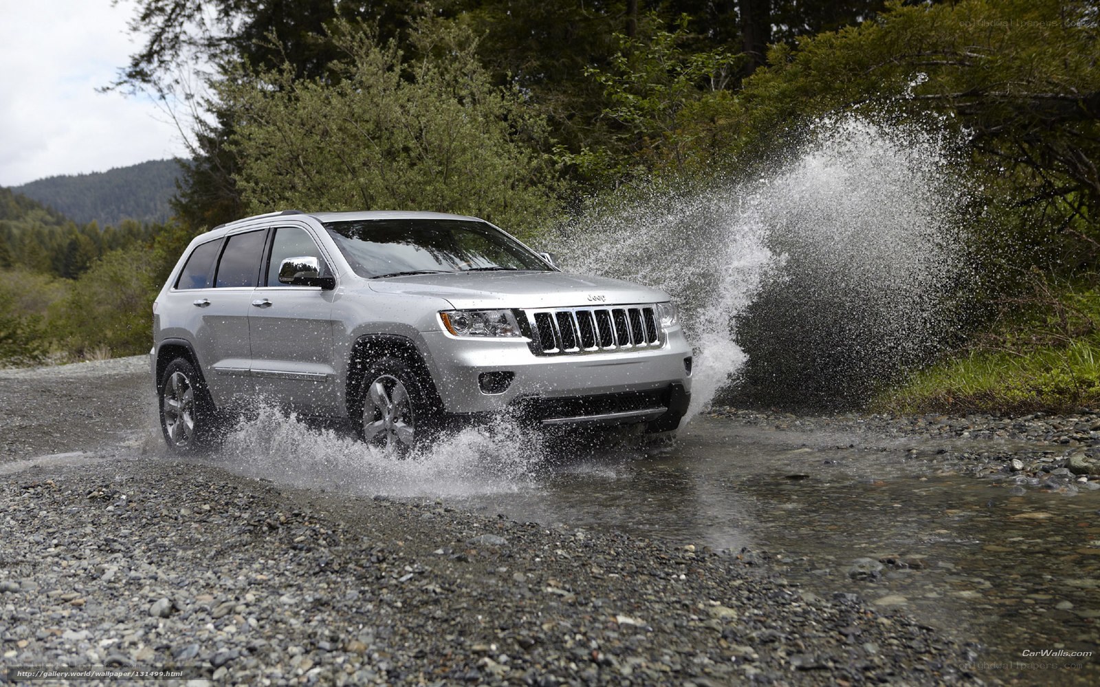 silver jeep driving through water