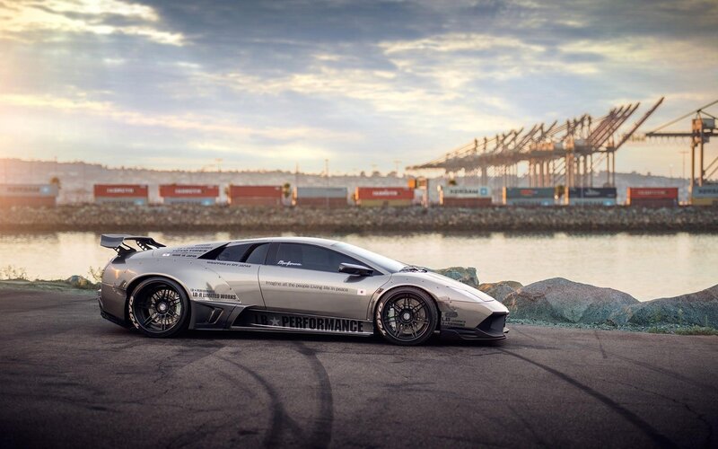 Silver Lamborghini at port