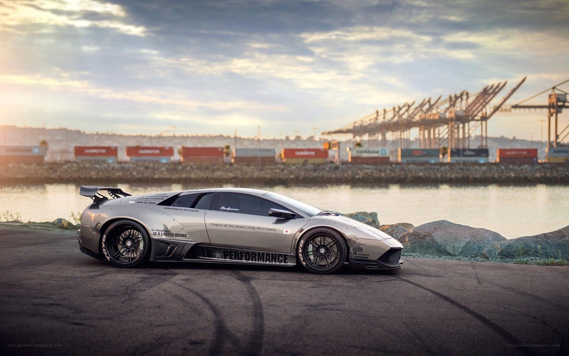 Silver Lamborghini at port