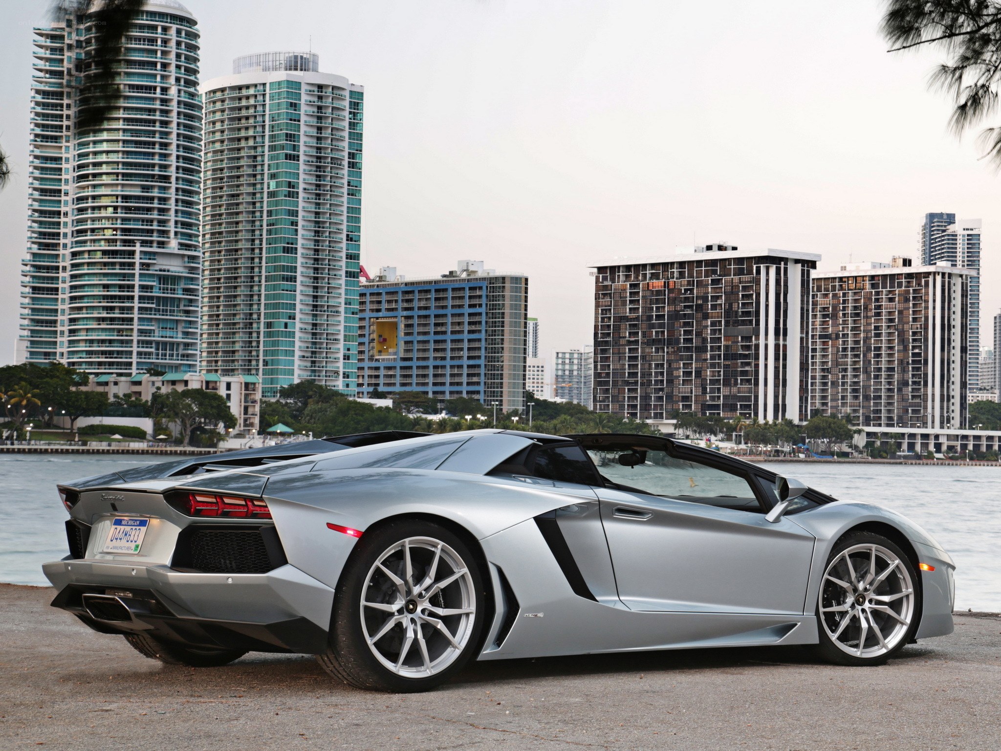 Silver Lamborghini Aventador parked