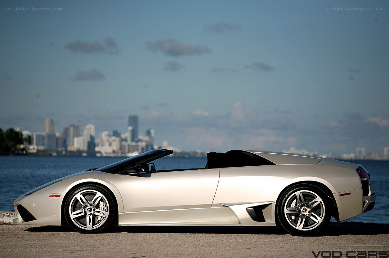 Silver Lamborghini convertible by water