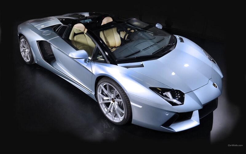 Silver Lamborghini Convertible — Dramatic, Photograph, Beige Interior, Black Roof